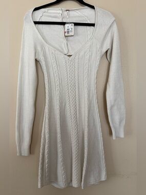 Free People Cream Knit Long Sleeve Sweater Dress
